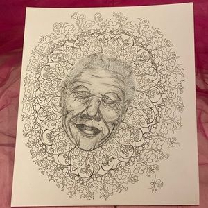 Unframed Original Art Drawing Portrait of a Nelson Mandela Mandala Ink & Pencil